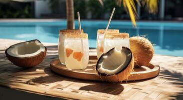 AI generated coconuts on beach table near blue reflection of swimming pool with coconut cocktails, tan photo