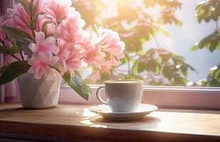 AI generated coffee cup on the table next to tulips and a vase photo