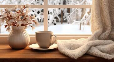 ai generado café taza y invierno decoración en ventana de un ventana, foto