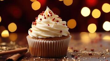 AI generated christmas white cupcake with cinnamon stick photo