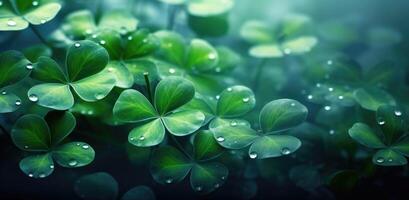 AI generated clover leaves and grasses near green background with water droplets photo