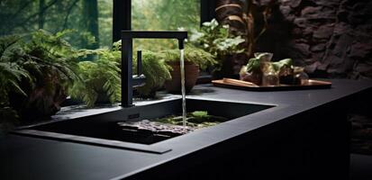 AI generated dark steel kitchen sink with water jets and green plants photo