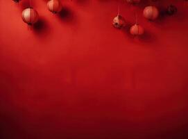 AI generated decorative lanterns hanging on red background photo