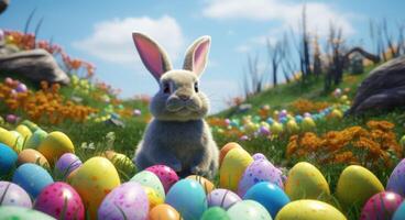 AI generated easter bunny in a field of colored eggs photo