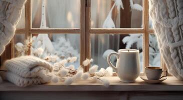 AI generated coffee cup and winter decor in window of a window, photo