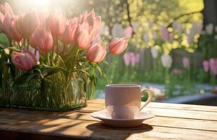 AI generated coffee cup on the table next to tulips and a vase photo