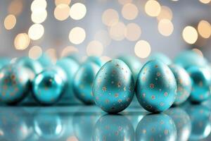 AI generated colorful easter eggs on a table against a blurred background, photo