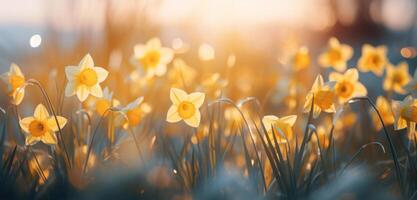 AI generated daffodils in front of a tree and trees photo