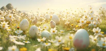 AI generated easter eggs in large flower field with grass backdrop photo