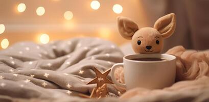 AI generated cute reindeer mug in bed photo