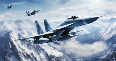 AI generated eagle fighter jets flying over a mountain photo