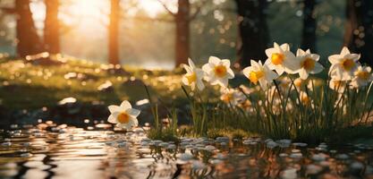 AI generated daffodils in front of a tree and trees photo