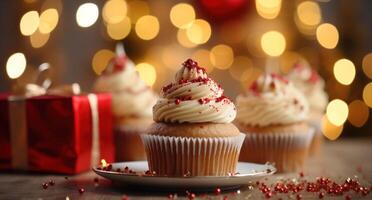 AI generated cupcake with decorations on top on a table photo