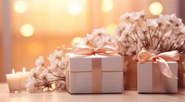 AI generated gifts with ribbons and flowers on pink background photo