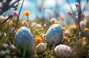 ai generado Pascua de Resurrección huevos son en el césped en un brillante antecedentes foto