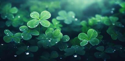 AI generated clover leaves and grasses near green background with water droplets photo