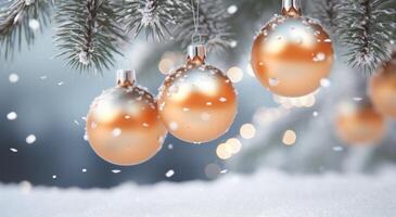 AI generated flurry of christmas ornament balls in snowy pine branches photo