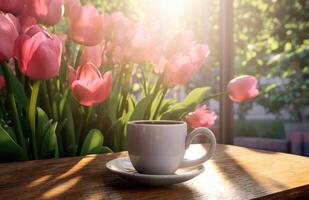 AI generated coffee cup on the table next to tulips and a vase photo