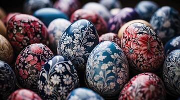 ai generado cientos de pintado Pascua de Resurrección huevos forrado arriba, antecedentes imagen foto