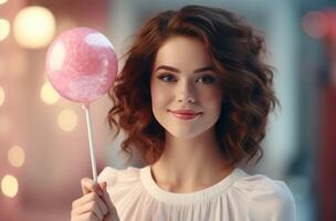 AI generated happy young woman with lollipop pink valentine's day gift idea photo
