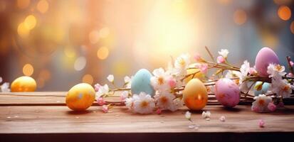 AI generated colored easter eggs in a wooden table and spring blossoms photo