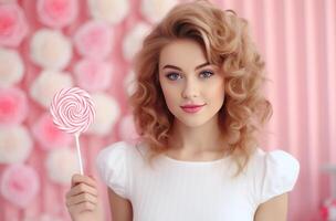 AI generated happy young woman with lollipop pink valentine's day gift idea photo