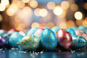 AI generated colorful easter eggs on a table against a blurred background, photo