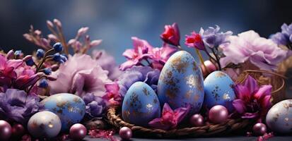 AI generated colorful Easter eggs on the grass with flowers behind it, purple and gray, photo