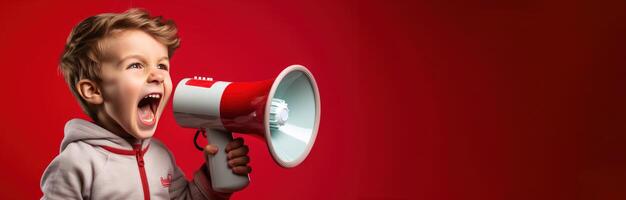 AI generated little boy making a speech on megaphone in front of red background photo