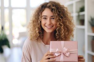 AI generated happy young woman smiling happy and holding pink present photo