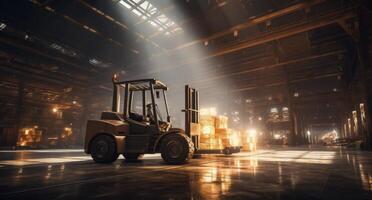 AI generated heavy lift forklift driving in warehouse with sun rays in light photo