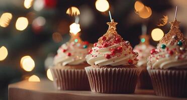 AI generated cupcake with decorations on top on a table photo