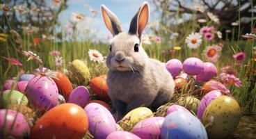 AI generated easter bunny in a field of colored eggs photo