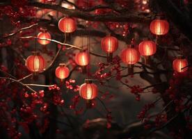 AI generated many red chinese lanterns hanging from tree branches photo