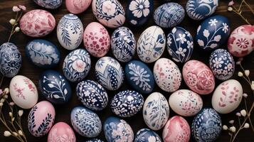 ai generado muchos pintado Pascua de Resurrección huevos son forrado arriba con floral diseños foto