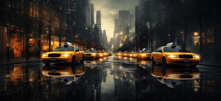 ai generado muchos Taxi taxis estacionado en un oscuro mojado ciudad calle foto
