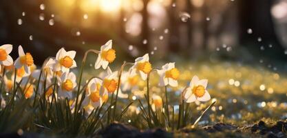 AI generated daffodils in front of a tree and trees photo