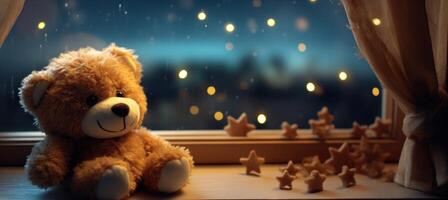 AI generated little teddy bear with stars on an empty windowsill photo