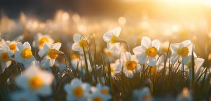 AI generated daffodils in front of a tree and trees photo