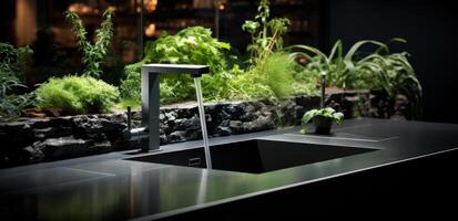 AI generated dark steel kitchen sink with water jets and green plants photo