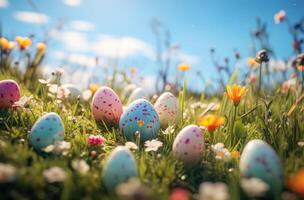 ai generado Pascua de Resurrección huevos son en el césped en un brillante antecedentes foto