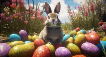 ai generado Pascua de Resurrección conejito en un campo de de colores huevos foto