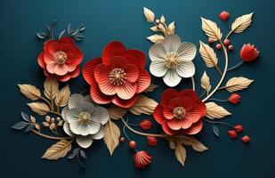 AI generated paper cut flowers on a blue background photo