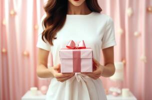 AI generated female wearing white dress with gift box holding it up photo
