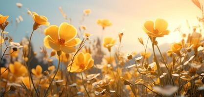 AI generated field with yellow flowers in sunlight photo