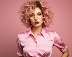 AI generated female woman with glasses posing in a pink outfit against pink background photo