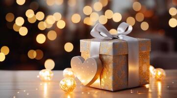 AI generated gift box set with heart shape with gold ribbon sitting on table with beautiful bokeh photo