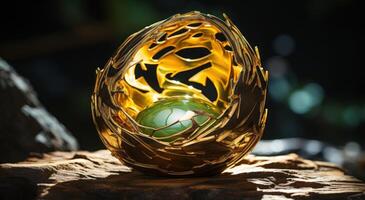 AI generated golden egg is nest in the bird's nest on a log photo