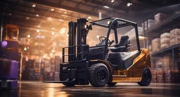 AI generated forklift in a warehouse moving forward against the blurred background of large buildings photo