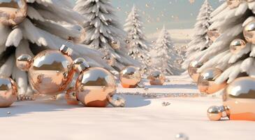 AI generated flurry of christmas ornament balls in snowy pine branches photo